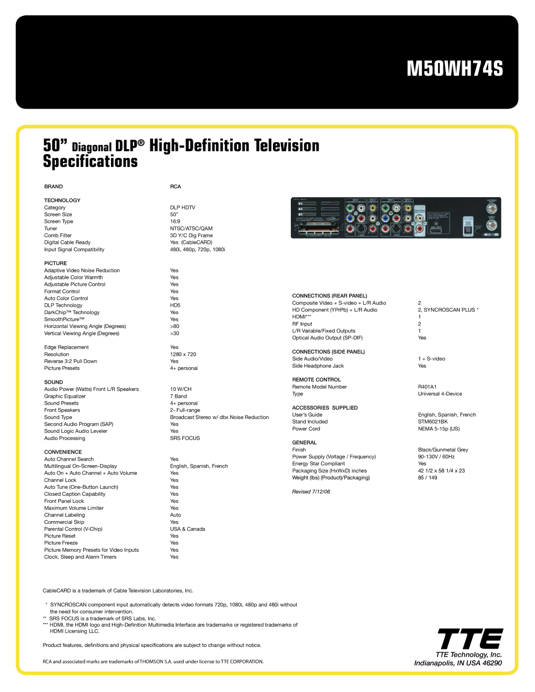 RCA M50WH74S Brand Technology, Picture, Sound, Rca, Ntsc/Atsc/Qam, SRS Focus, Connections Rear Panel, Syncroscan Plus 