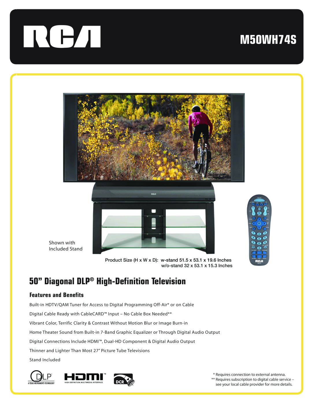 RCA M50WH74S manual 50” Diagonal DLP High-Definition Television, Features and Benefits, Shown with Included Stand 