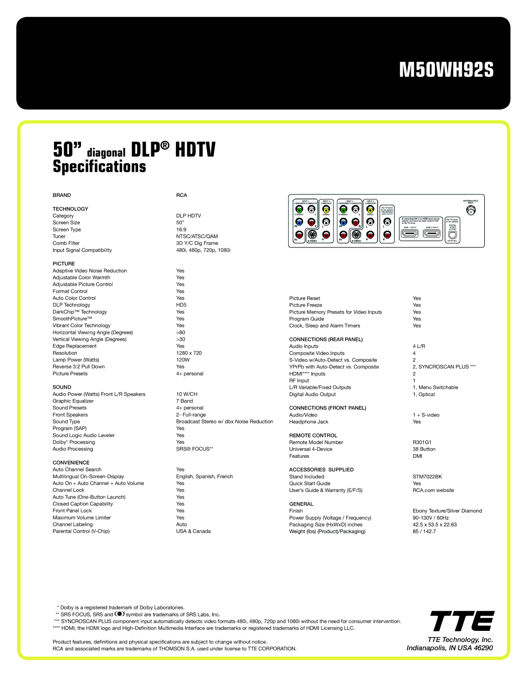 RCA M50WH92S Brand RCA Technology, DLP Hdtv, Ntsc/Atsc/Qam, Picture, HD5, Connections Rear Panel, Syncroscan Plus, Sound 