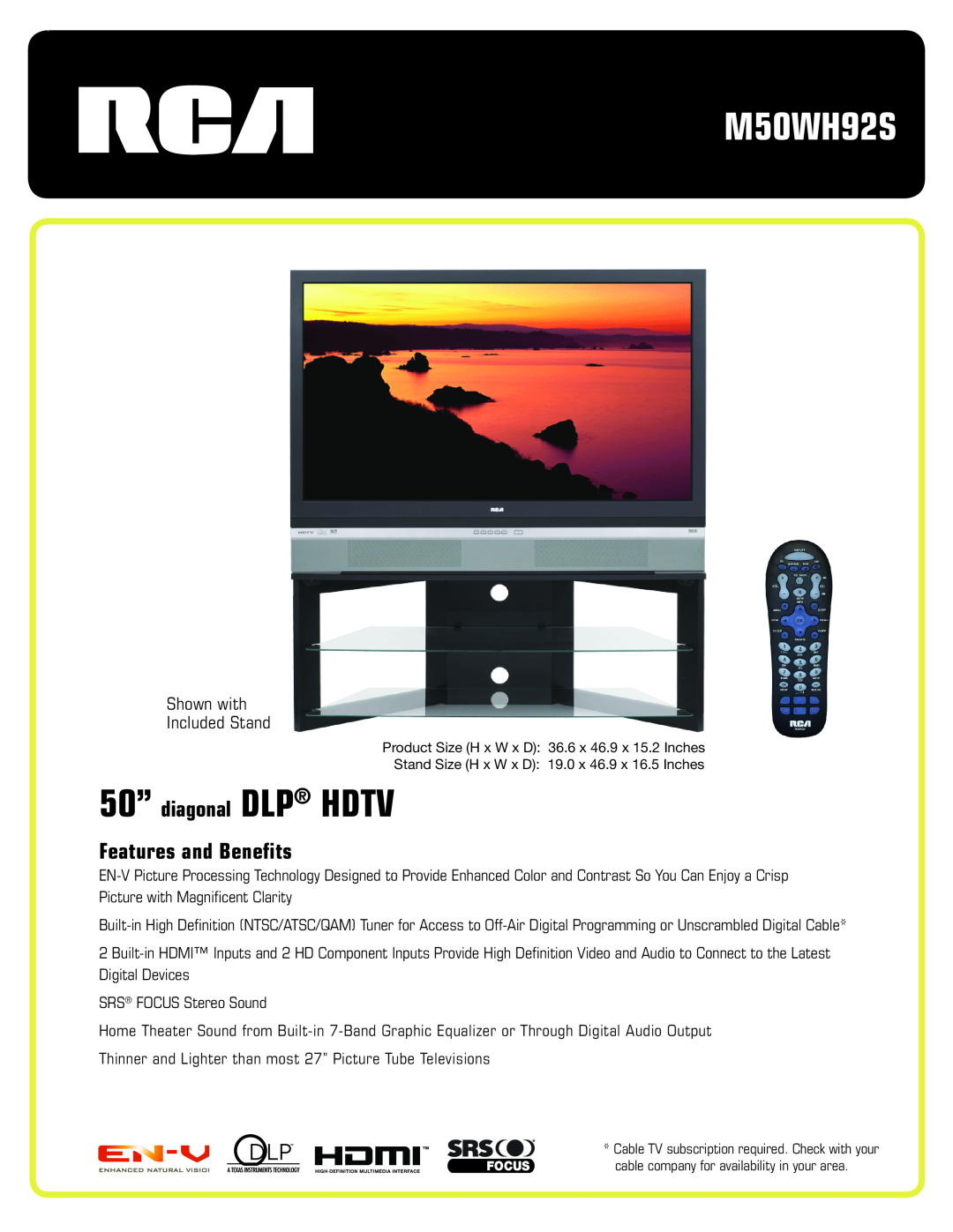 RCA M50WH92S manual 50” diagonal DLP HDTV, Features and Benefits, Shown with Included Stand 