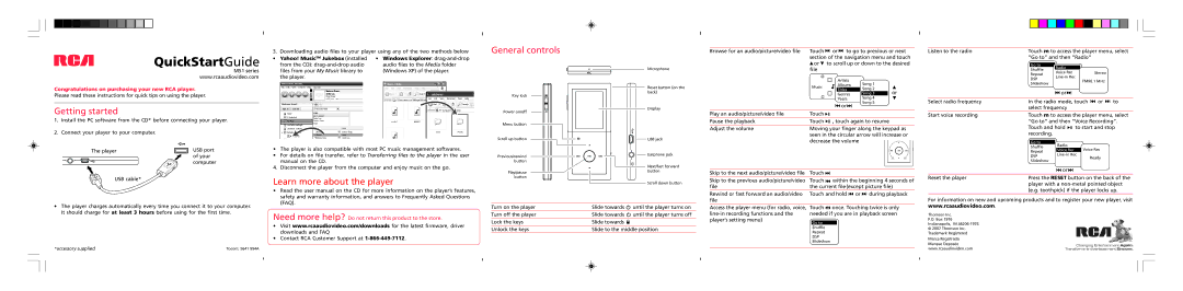 RCA M51 quick start General controls, Getting started, Need more help? Do not return this product to the store 