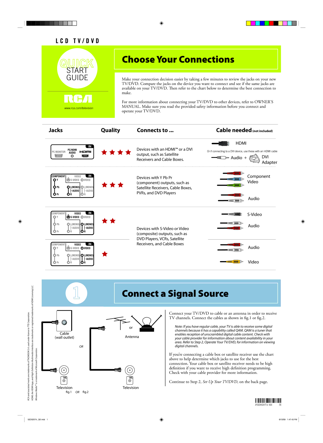 RCA 52D0207A, M52D owner manual Choose Your Connections, Connect a Signal Source, Jacks, Quality Connects to 