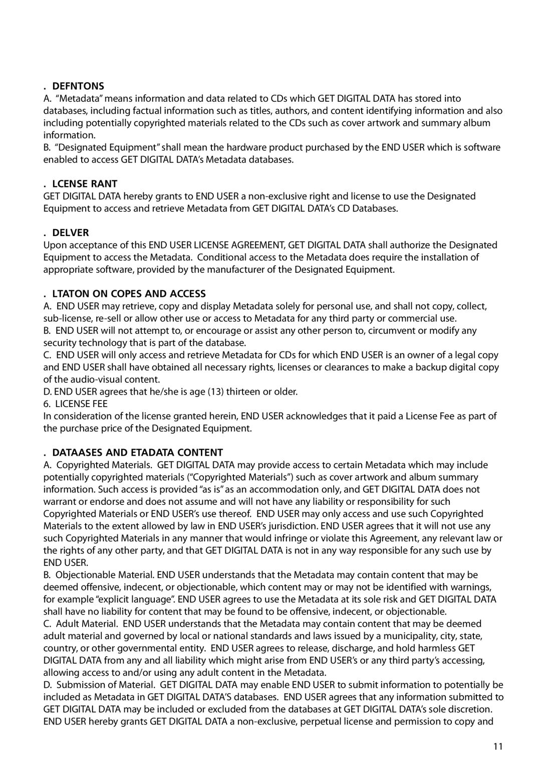 RCA M61 user manual Definitions, License Grant, Delivery, Limitation on Copies and Access, Databases and Metadata Content 