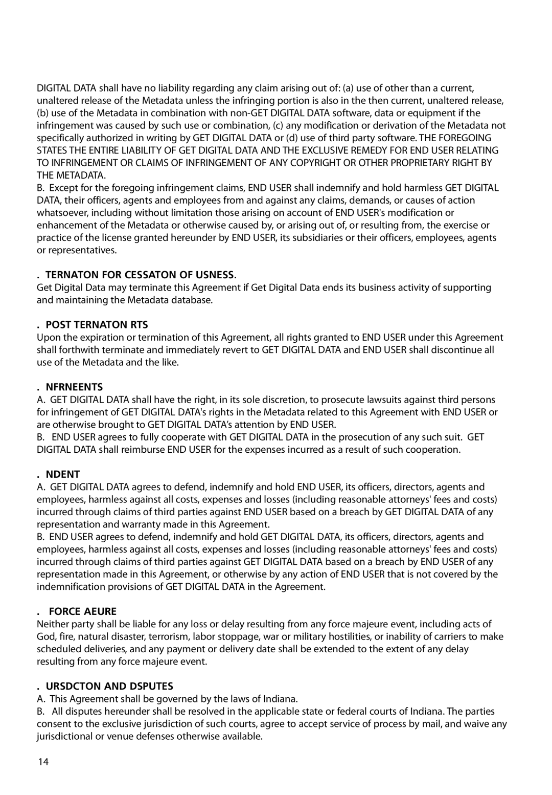 RCA M61 user manual Termination for Cessation of Business, Post Termination Rights, Infringements, Indemnity, Force Majeure 