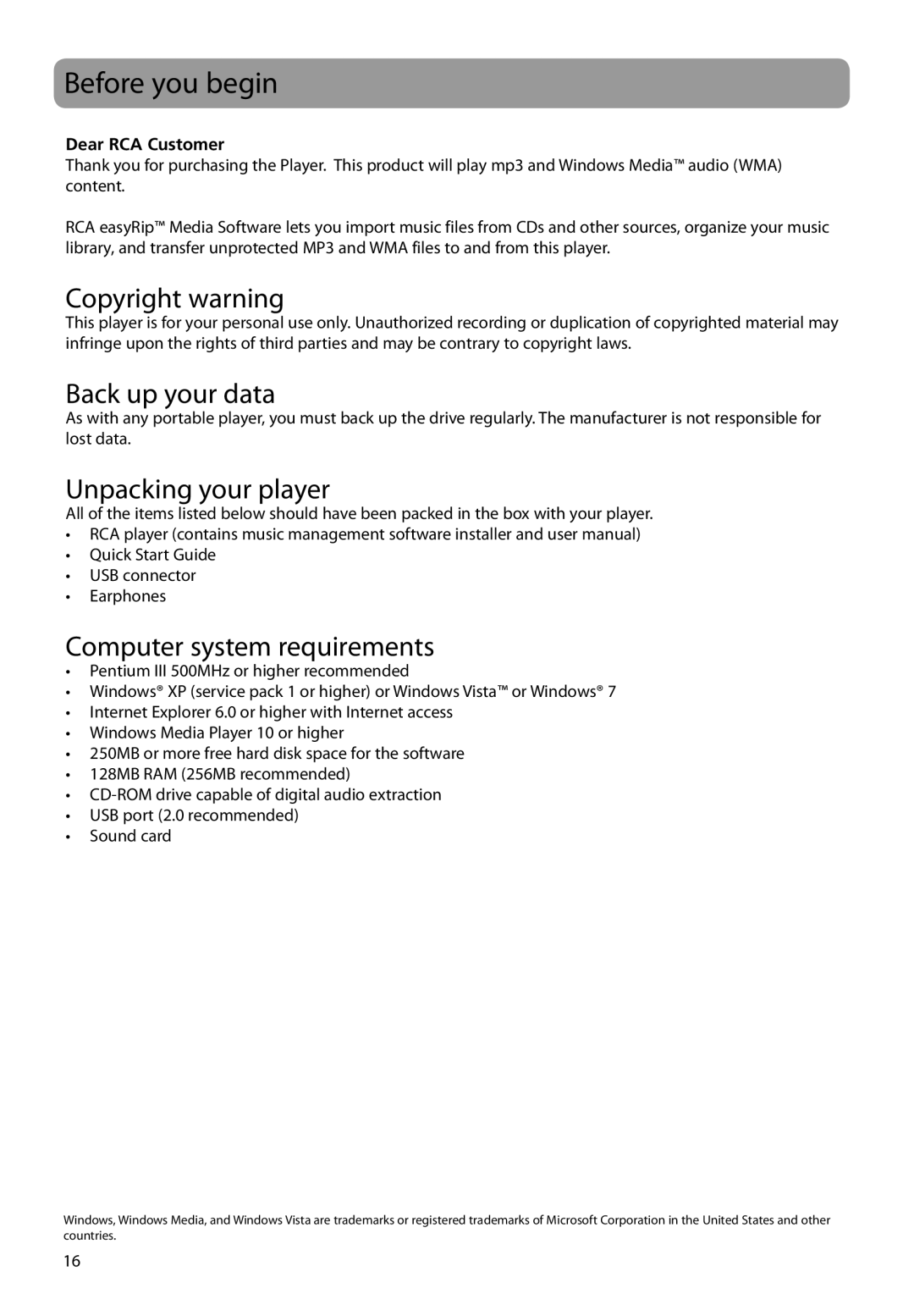 RCA M61 Before you begin, Copyright warning, Back up your data, Unpacking your player, Computer system requirements 