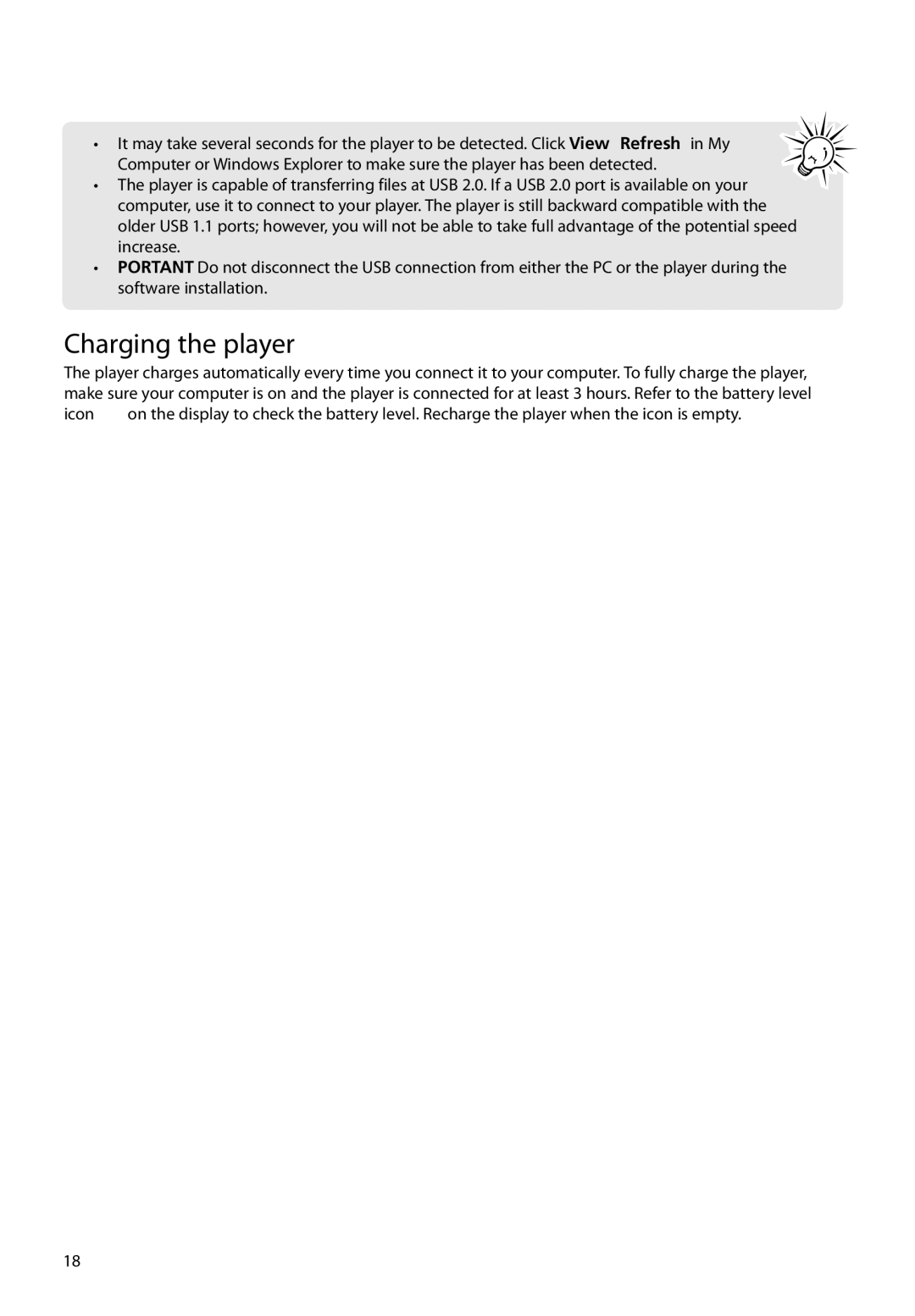 RCA M61 user manual Charging the player 