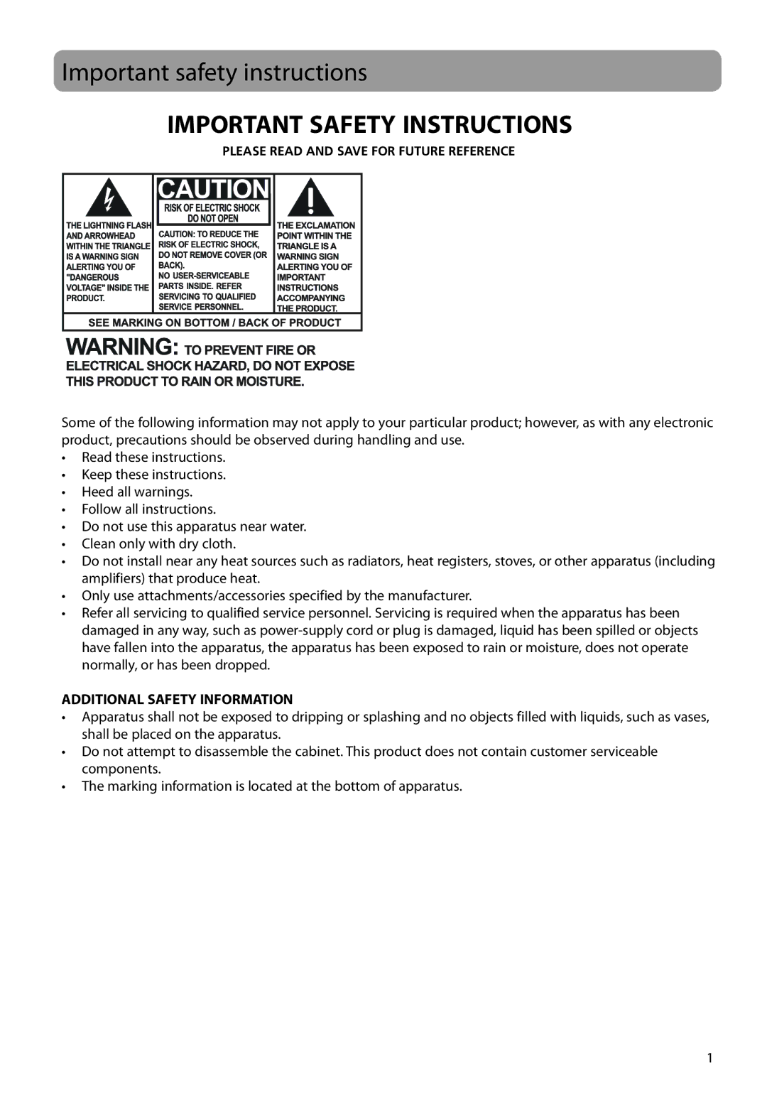 RCA M61 user manual Important safety instructions, Additional Safety Information 