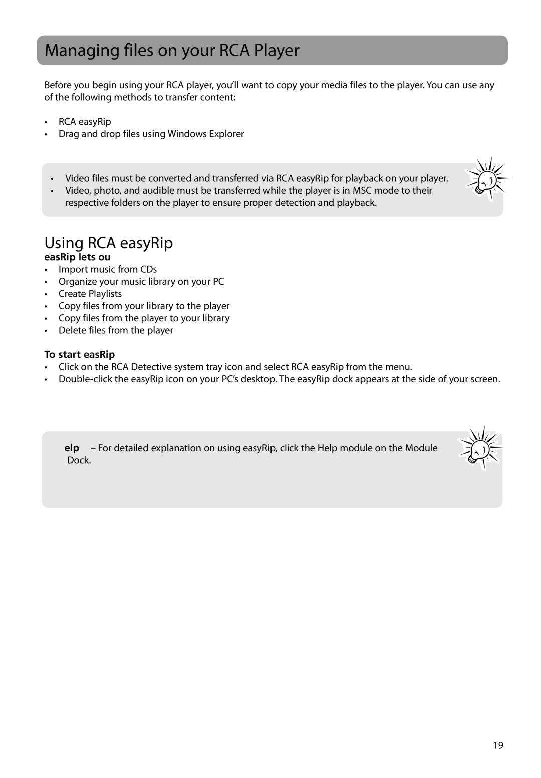 RCA M61 user manual Managing files on your RCA Player, Using RCA easyRip, EasyRip lets you, To start easyRip 