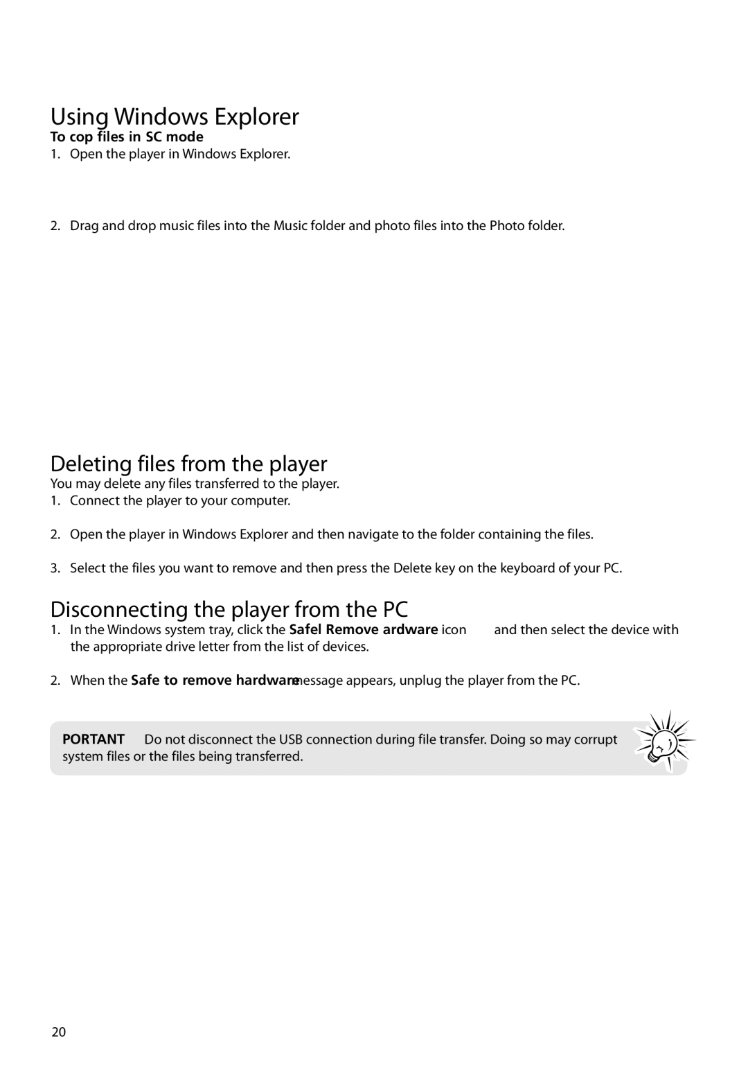 RCA M61 user manual Using Windows Explorer, Deleting files from the player, Disconnecting the player from the PC 