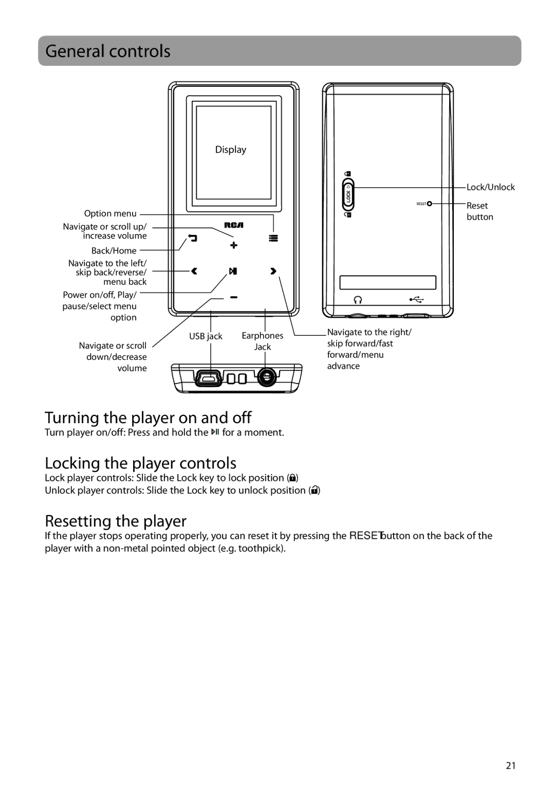 RCA M61 user manual General controls, Turning the player on and off, Locking the player controls, Resetting the player 