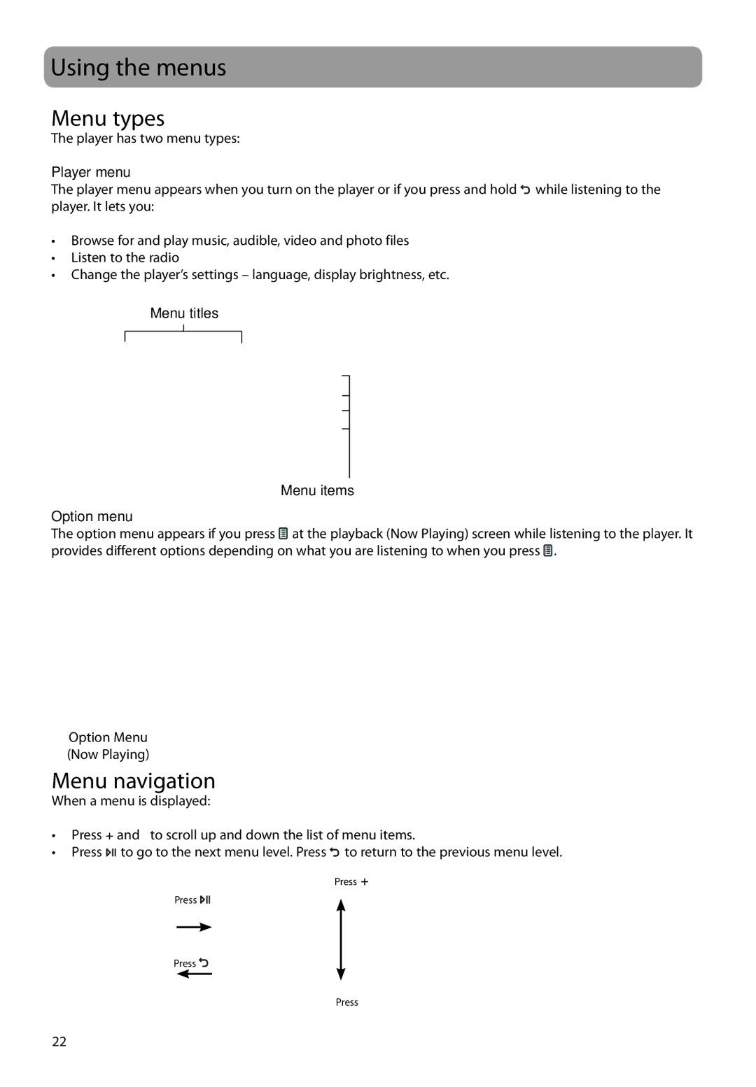 RCA M61 user manual Using the menus, Menu types, Menu navigation, Player menu, Option menu 