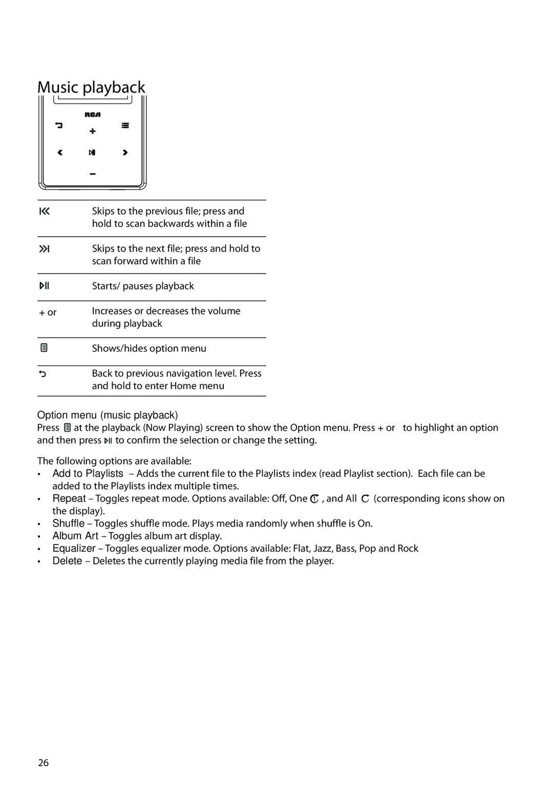 RCA M61 user manual Music playback, Option menu music playback 