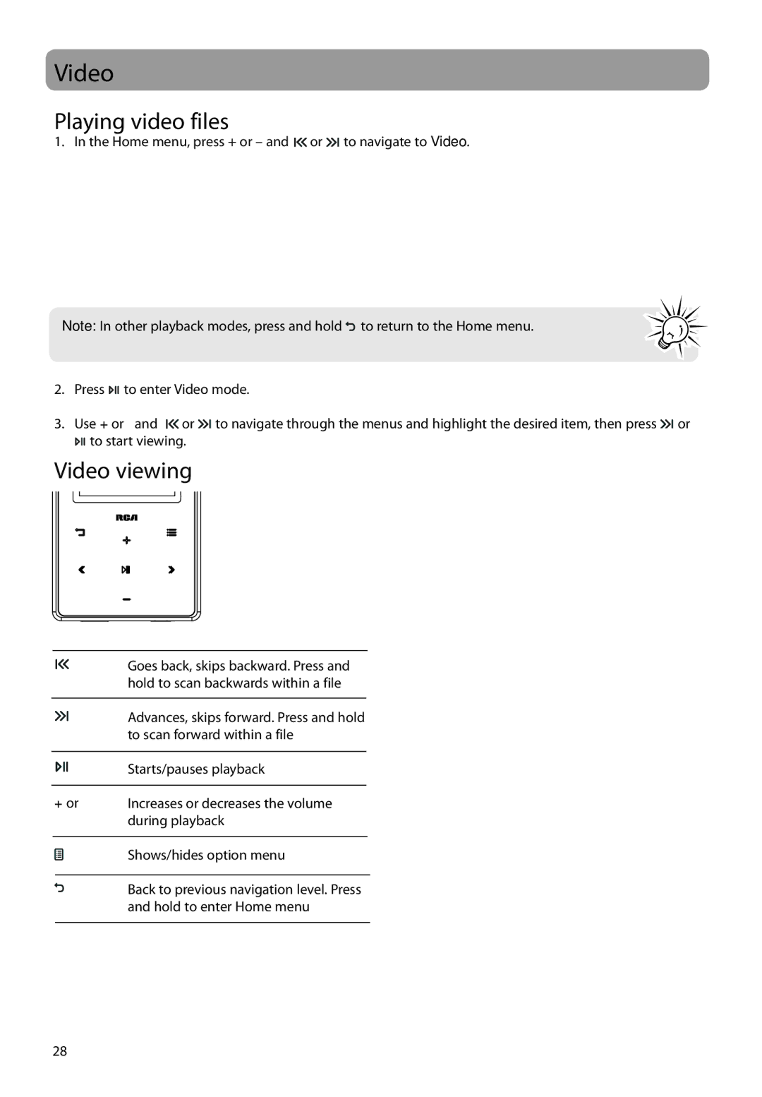 RCA M61 user manual Playing video files, Video viewing 