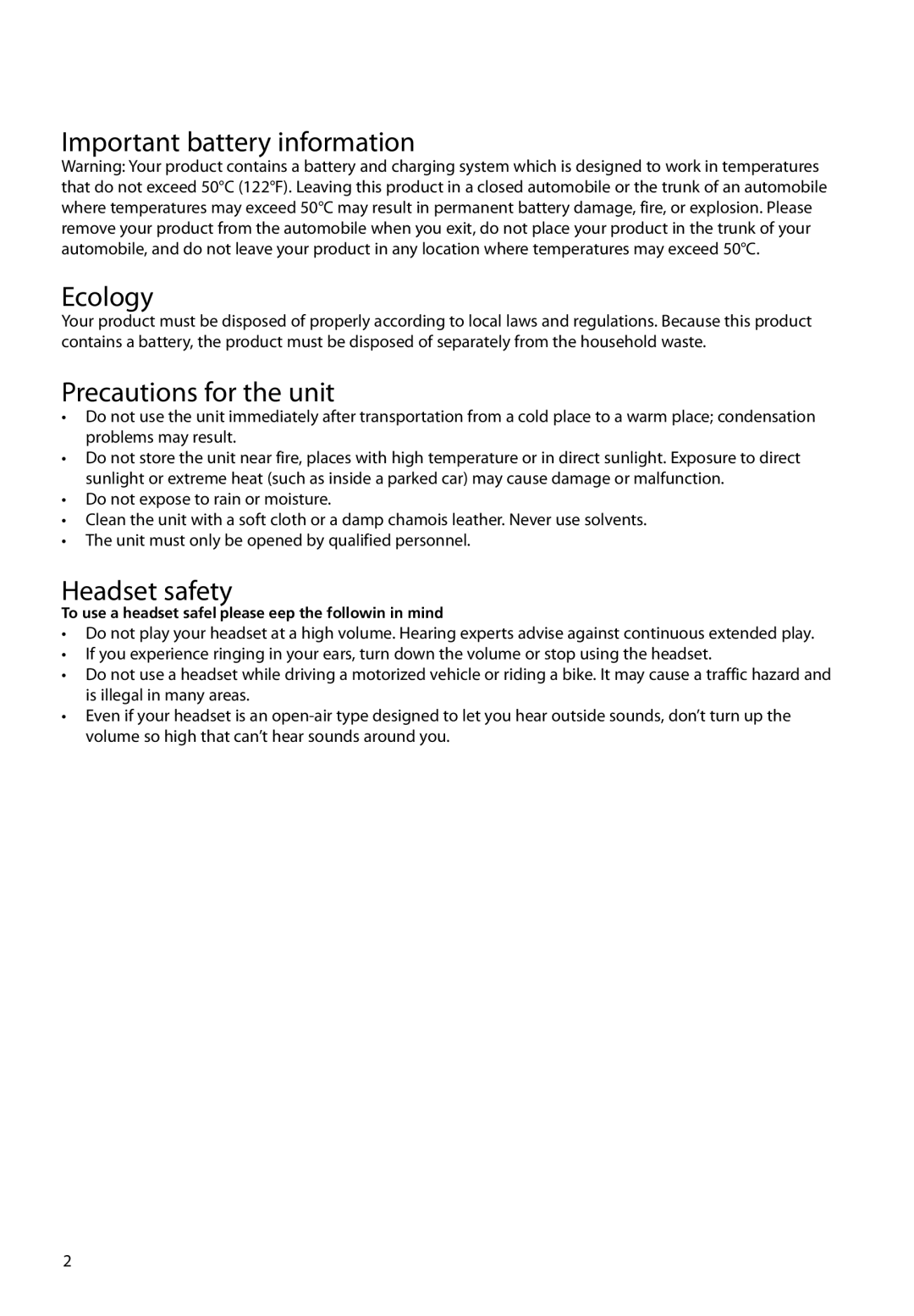 RCA M61 user manual Important battery information Ecology, Precautions for the unit, Headset safety 