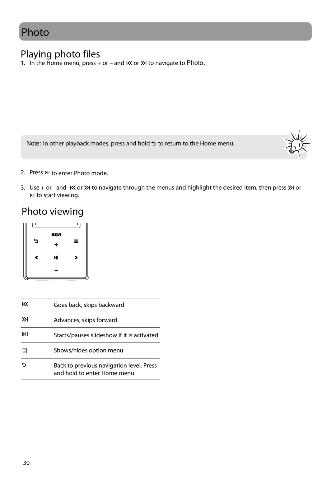 RCA M61 user manual Playing photo files, Photo viewing 