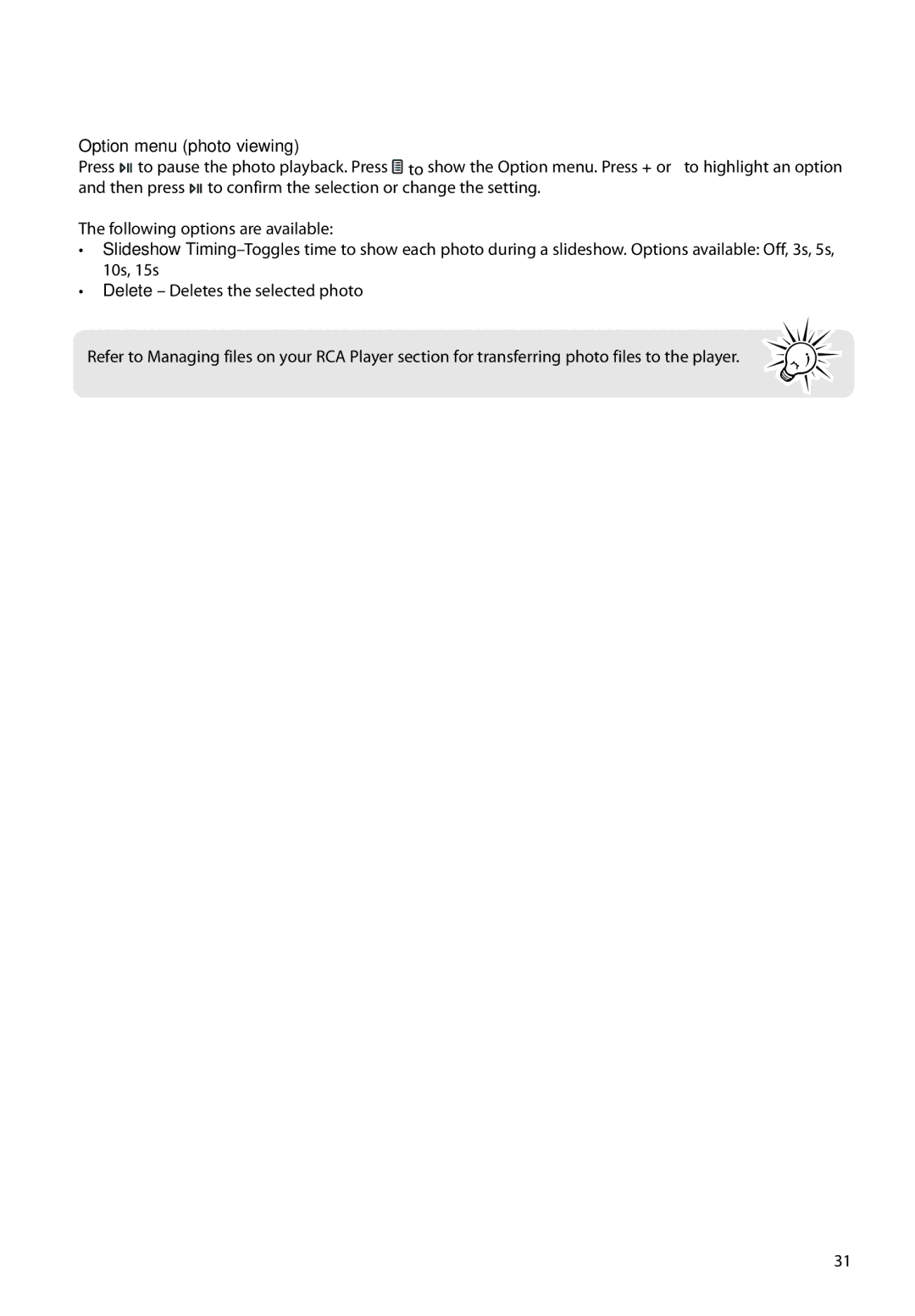 RCA M61 user manual Option menu photo viewing 