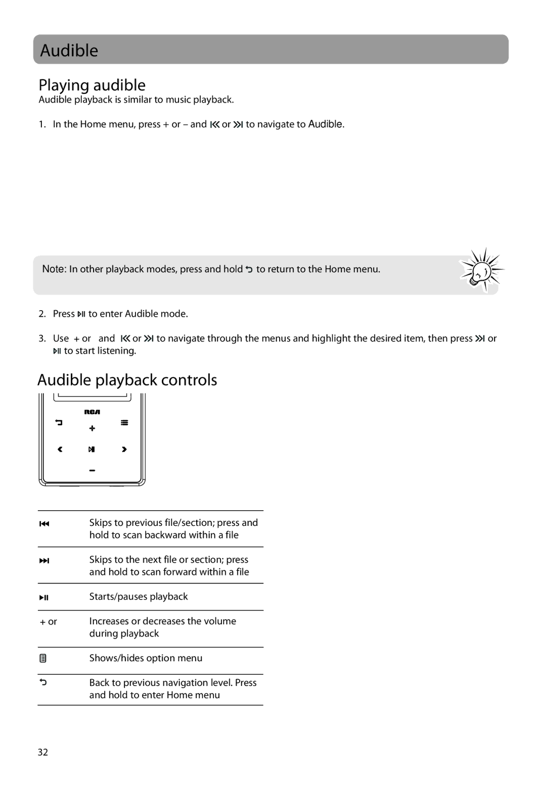 RCA M61 user manual Playing audible, Audible playback controls 