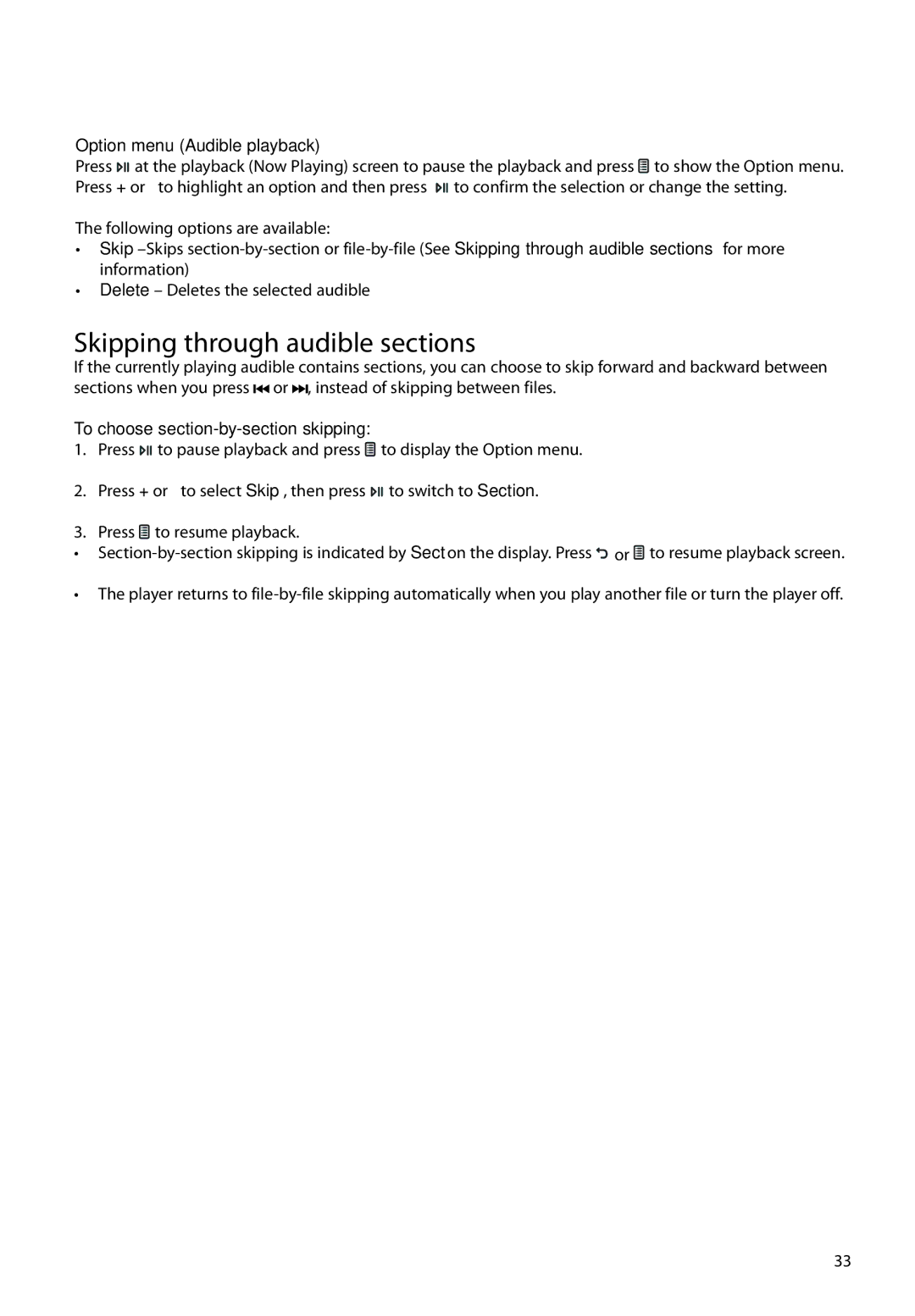 RCA M61 user manual Skipping through audible sections, Option menu Audible playback, To choose section-by-section skipping 