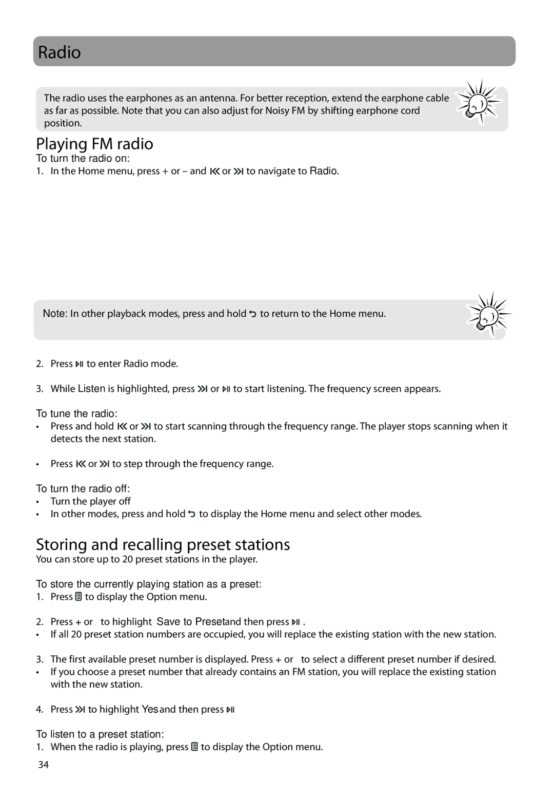 RCA M61 user manual Radio, Playing FM radio, Storing and recalling preset stations 