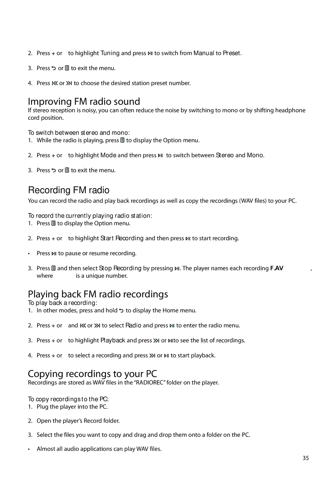 RCA M61 user manual Improving FM radio sound, Playing back FM radio recordings, Copying recordings to your PC 