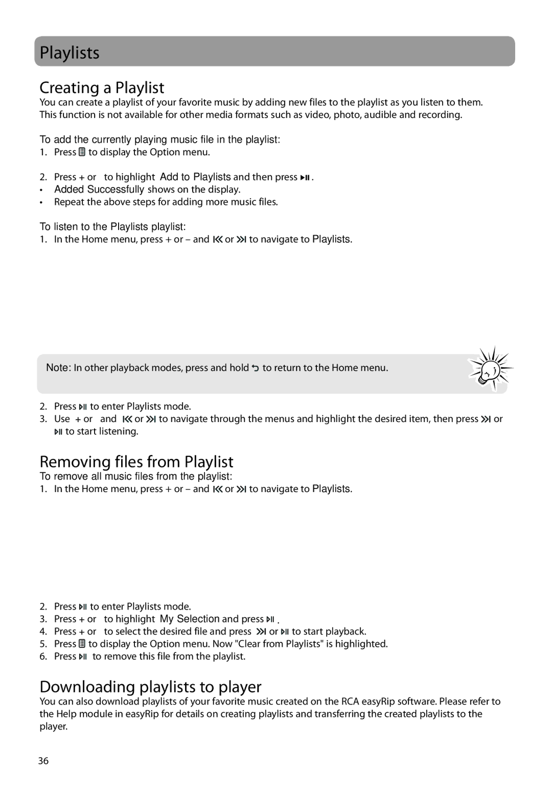 RCA M61 user manual Playlists, Creating a Playlist, Removing files from Playlist, Downloading playlists to player 