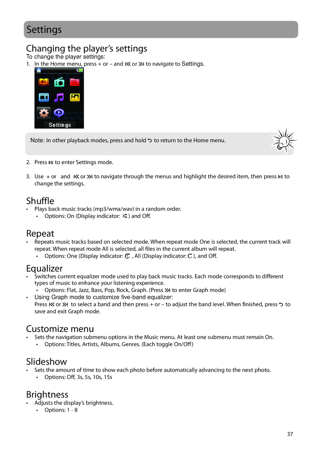 RCA M61 user manual Settings 