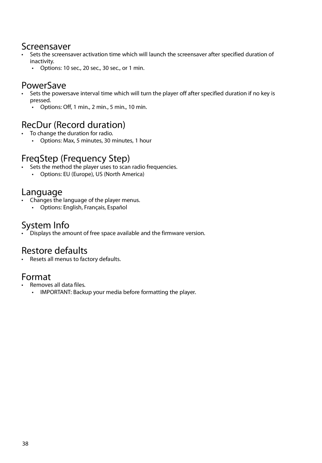 RCA M61 Screensaver, PowerSave, RecDur Record duration, FreqStep Frequency Step, Language, System Info, Restore defaults 