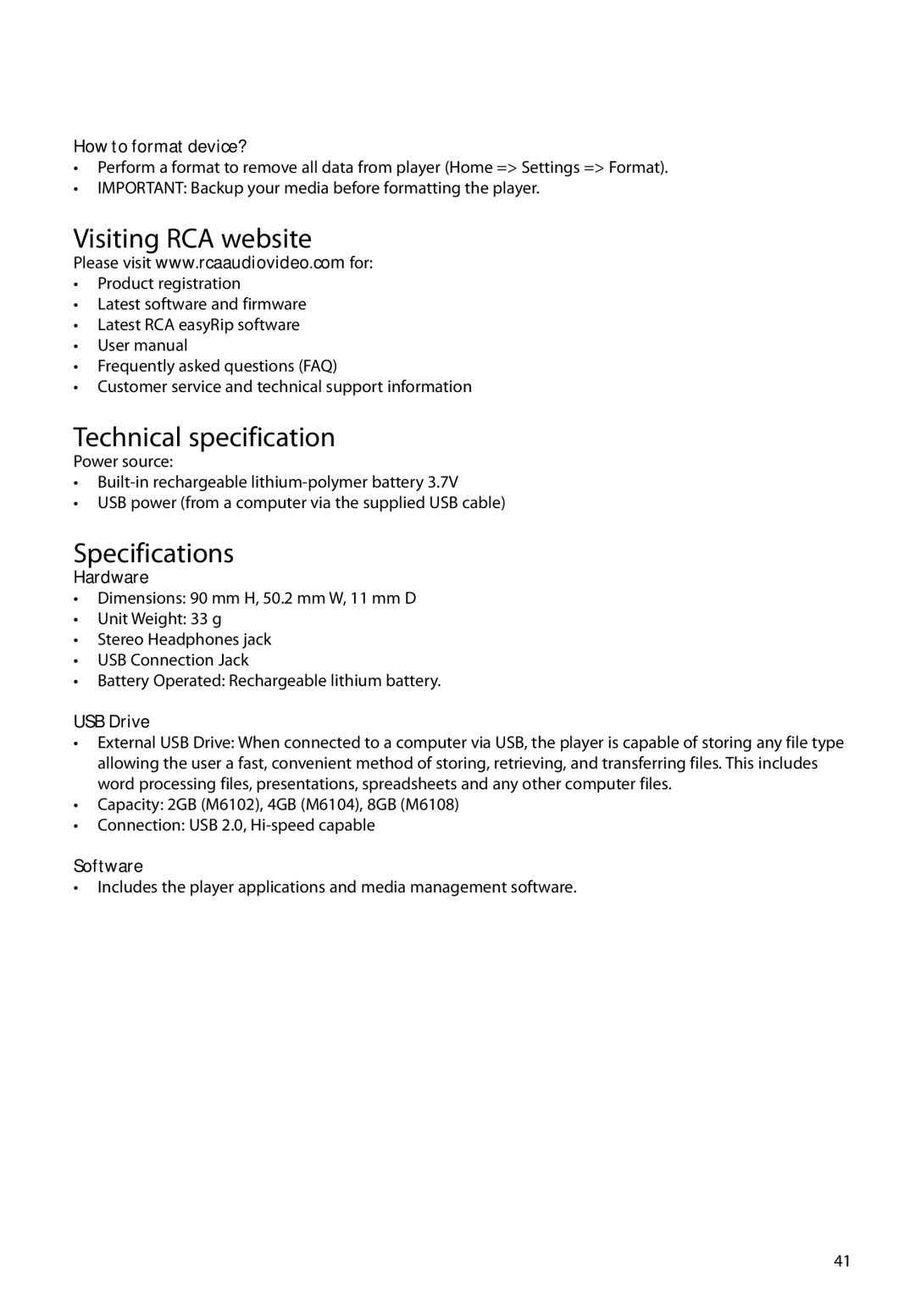 RCA M61 user manual Visiting RCA website, Technical specification, Specifications 