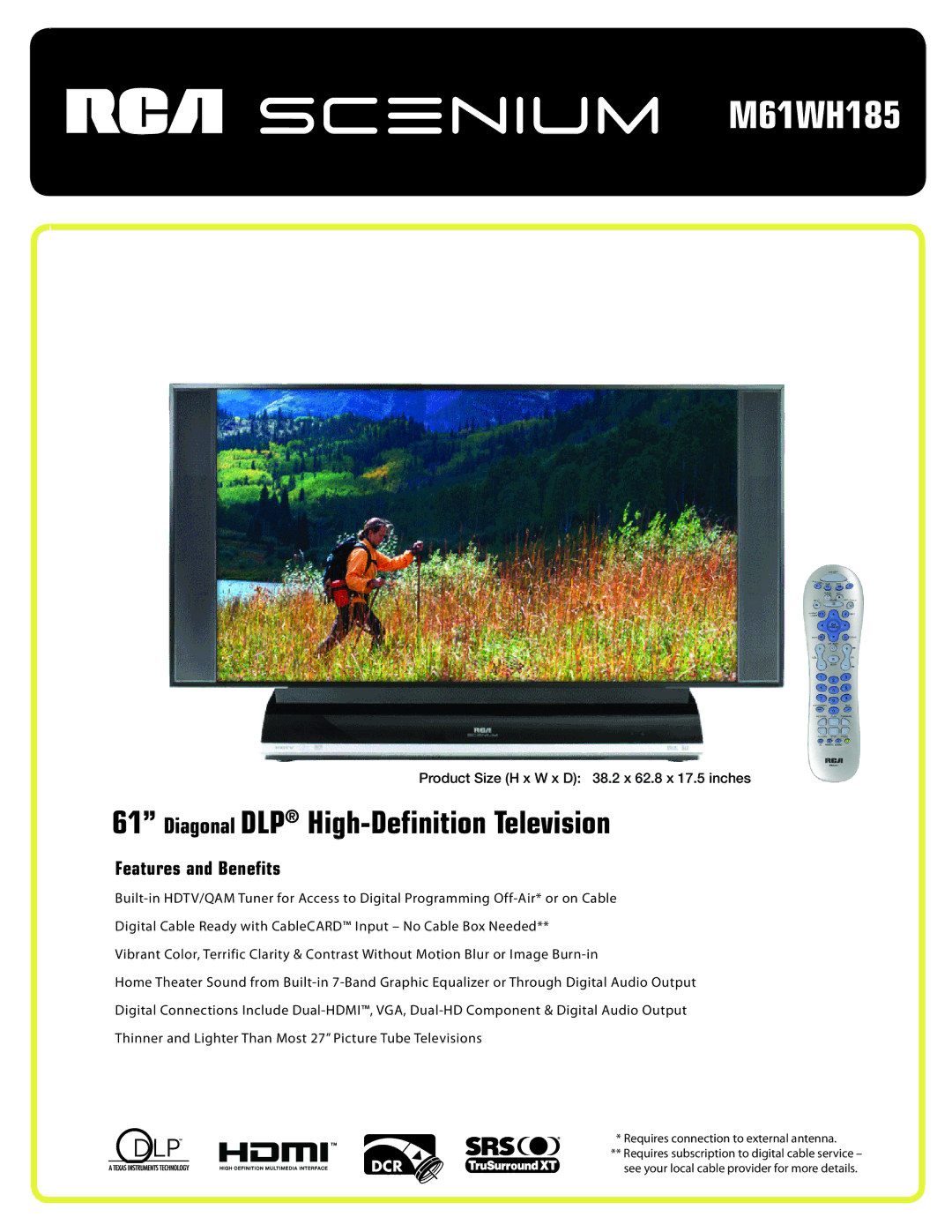 RCA M61WH185 manual Diagonal DLP High-Definition Television 