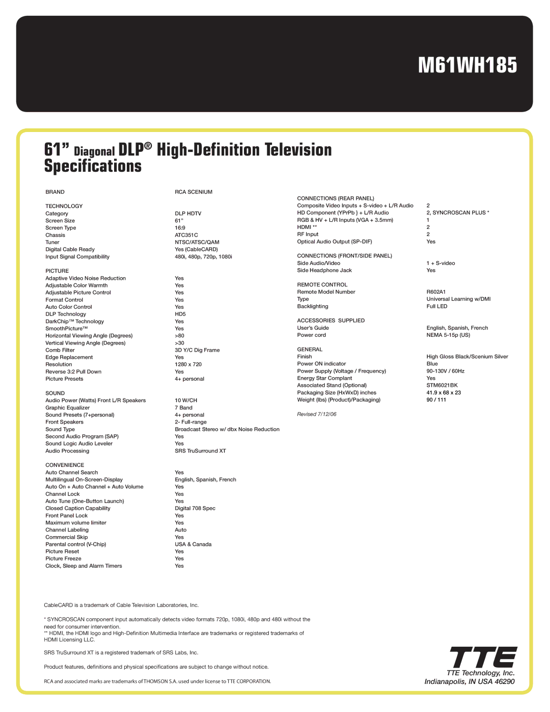 RCA M61WH185 manual Diagonal DLP High-Definition Television Specifications 