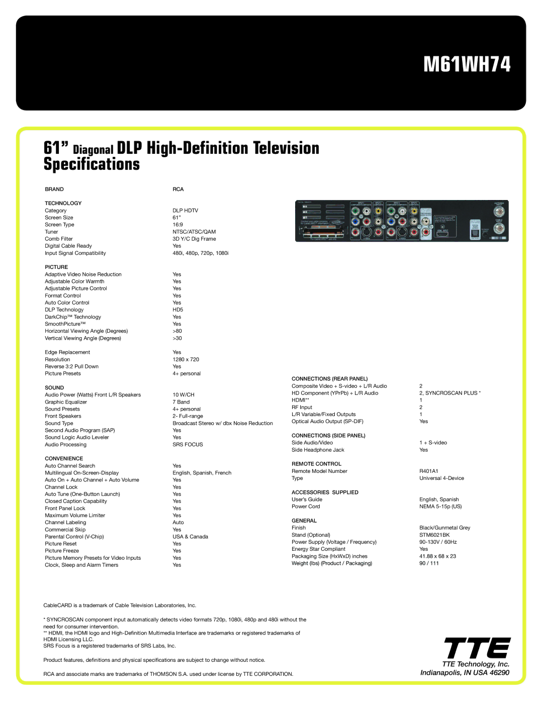 RCA M61WH74 manual Diagonal DLP High-Definition Television Specifications 