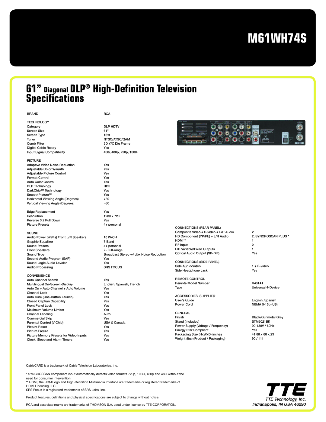 RCA M61WH74S manual Diagonal DLP High-Definition Television Specifications 