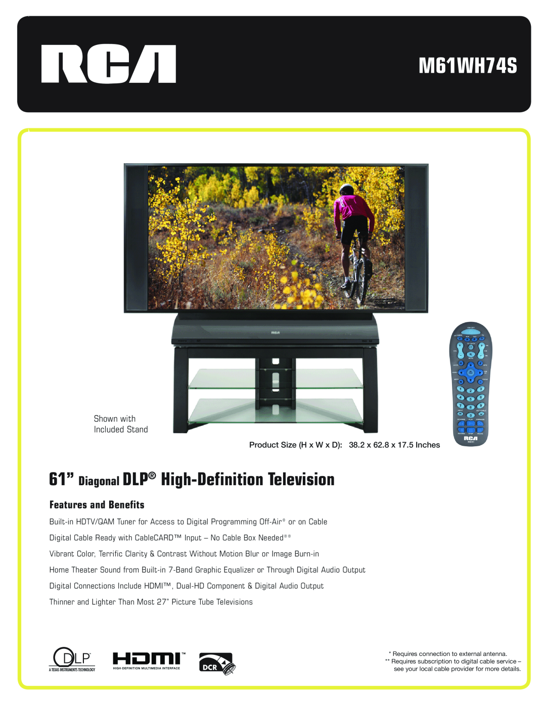 RCA M61WH74S manual 61” Diagonal DLP High-Definition Television, Features and Benefits, Shown with Included Stand 