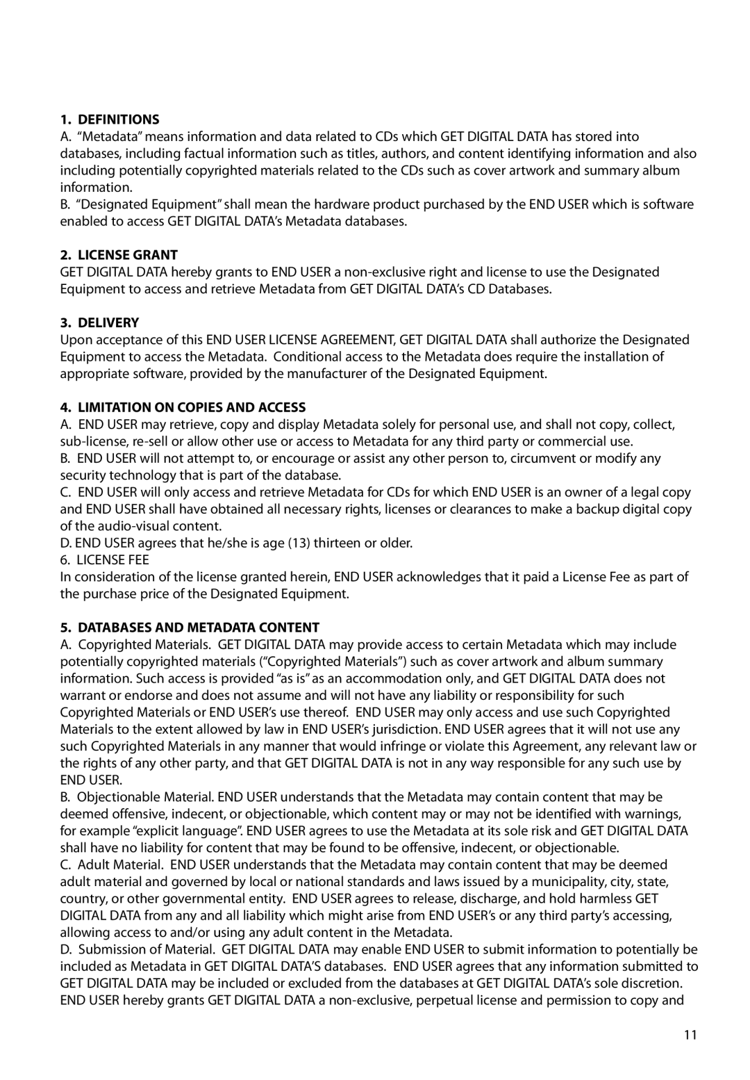 RCA M62 user manual Definitions, License Grant, Delivery, Limitation on Copies and Access, Databases and Metadata Content 