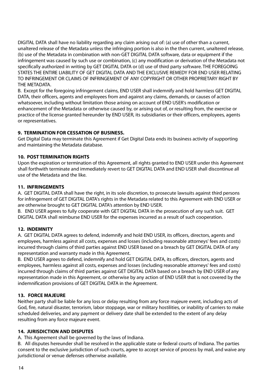 RCA M62 user manual Termination for Cessation of Business, Post Termination Rights, Infringements, Indemnity, Force Majeure 