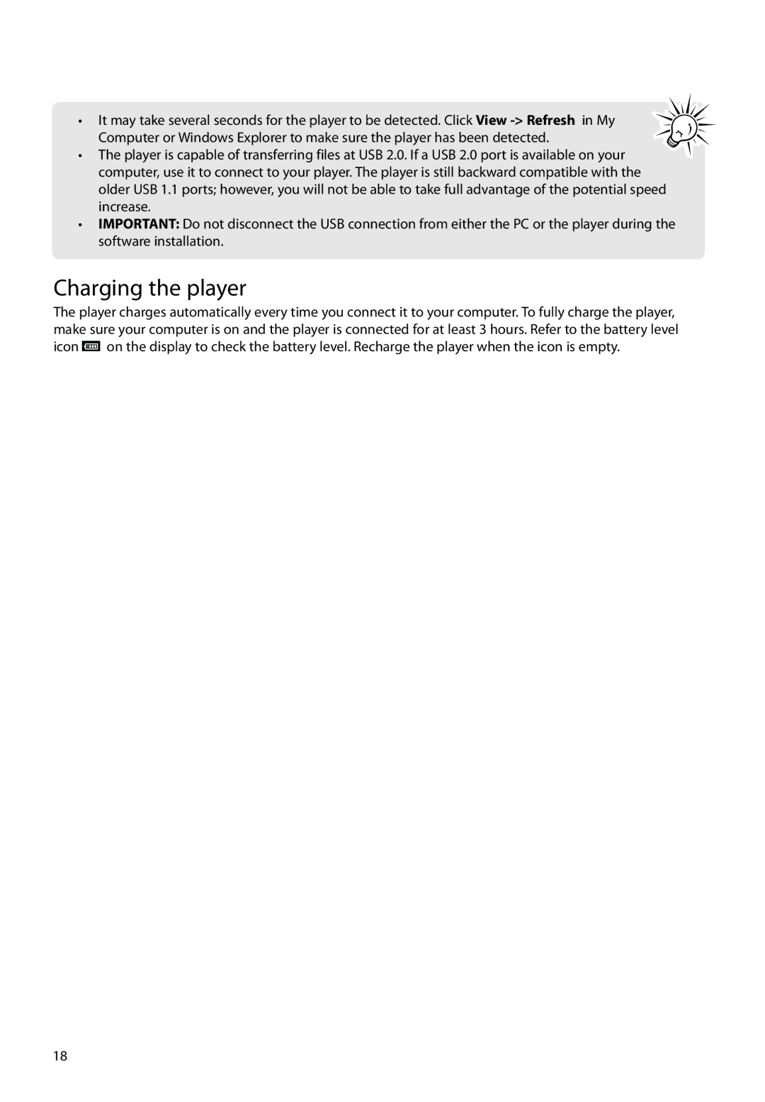 RCA M62 user manual Charging the player 