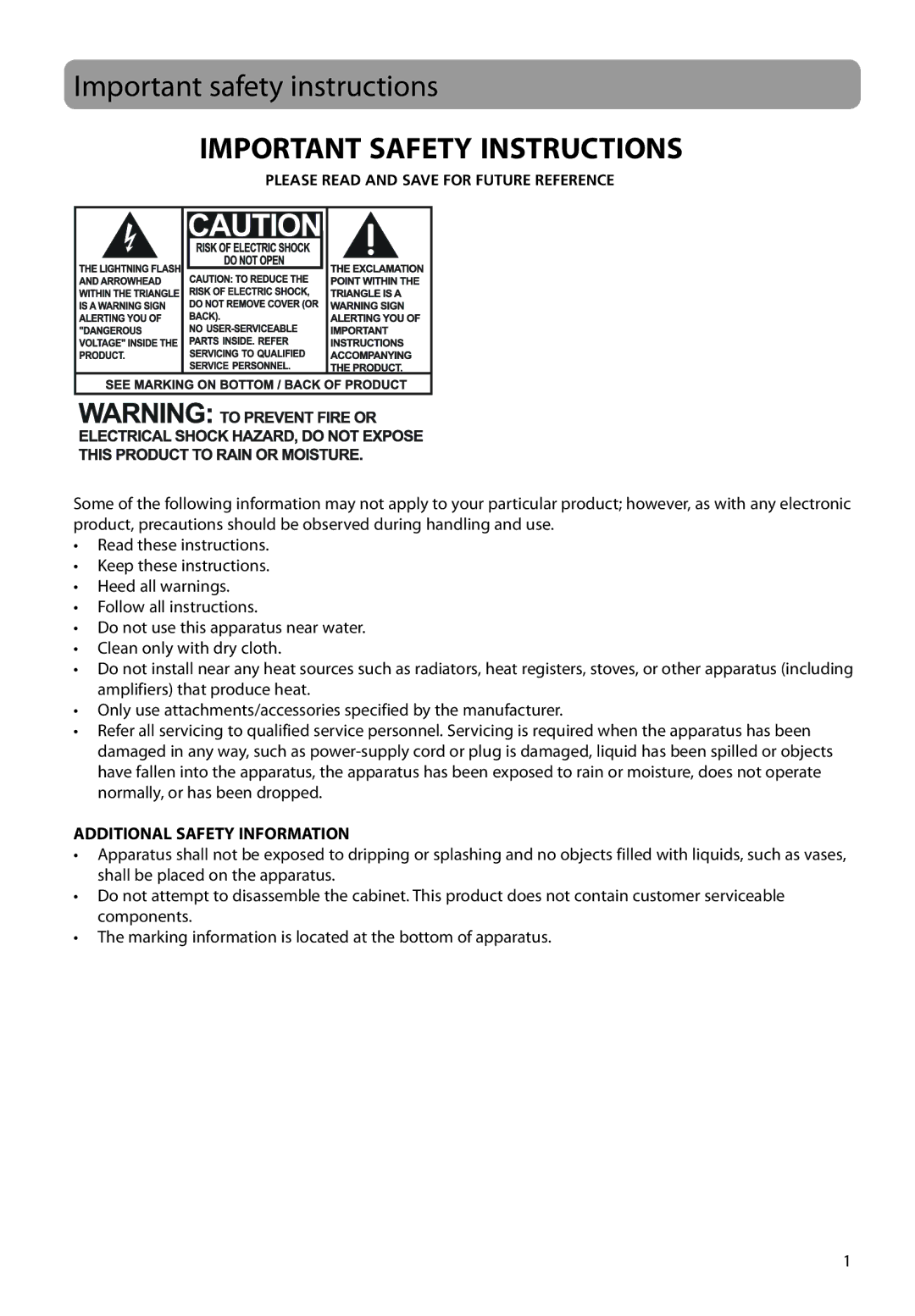 RCA M62 user manual Important safety instructions, Additional Safety Information 