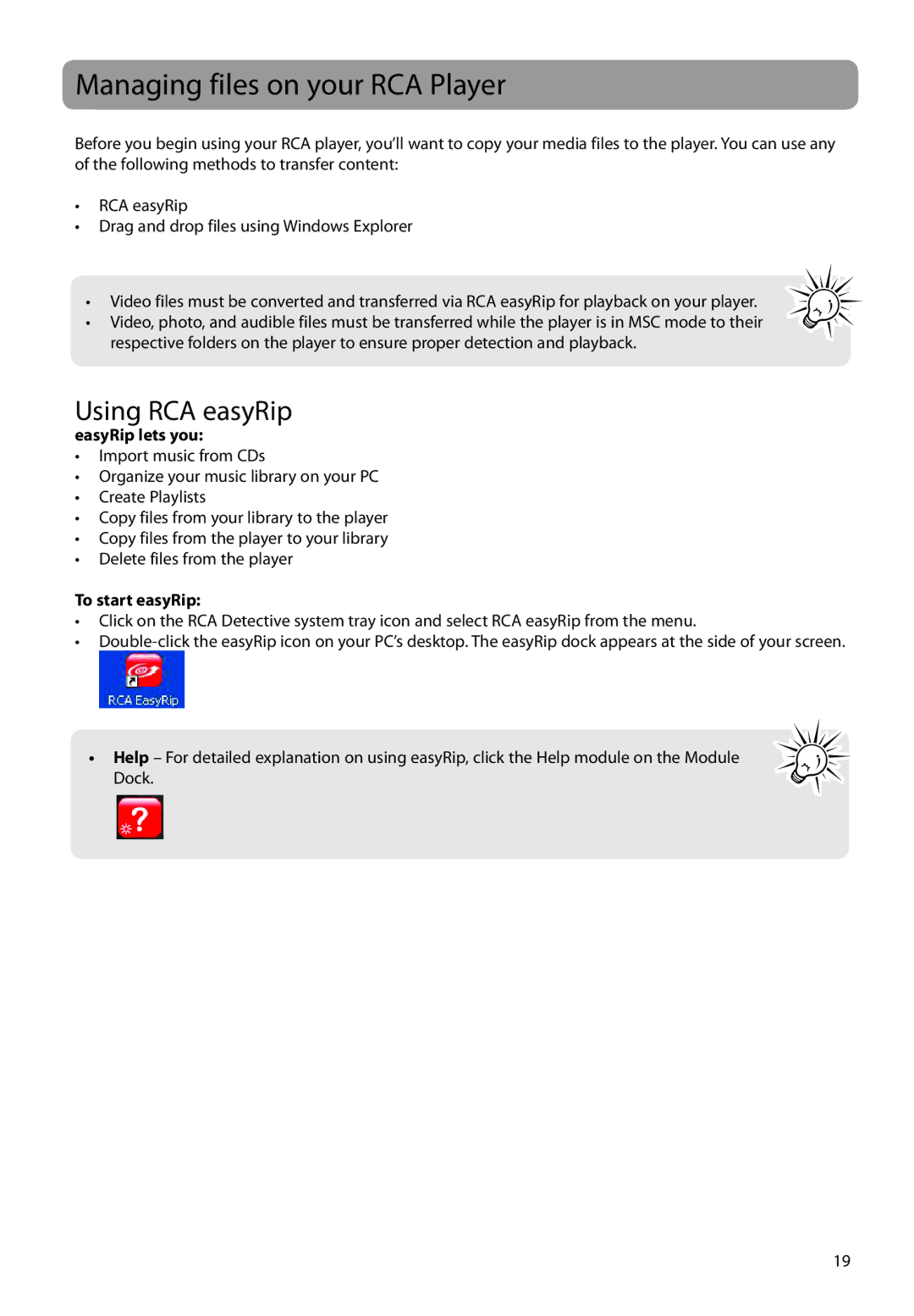 RCA M62 user manual Managing files on your RCA Player, Using RCA easyRip, EasyRip lets you, To start easyRip 