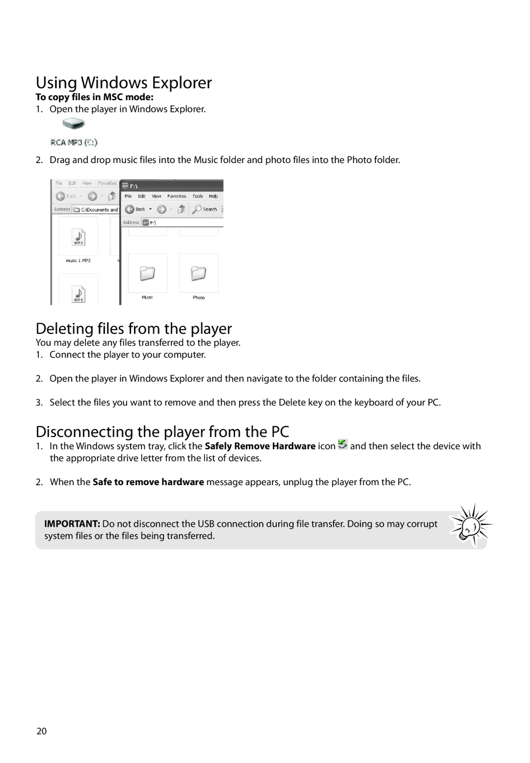 RCA M62 user manual Using Windows Explorer, Deleting files from the player, Disconnecting the player from the PC 