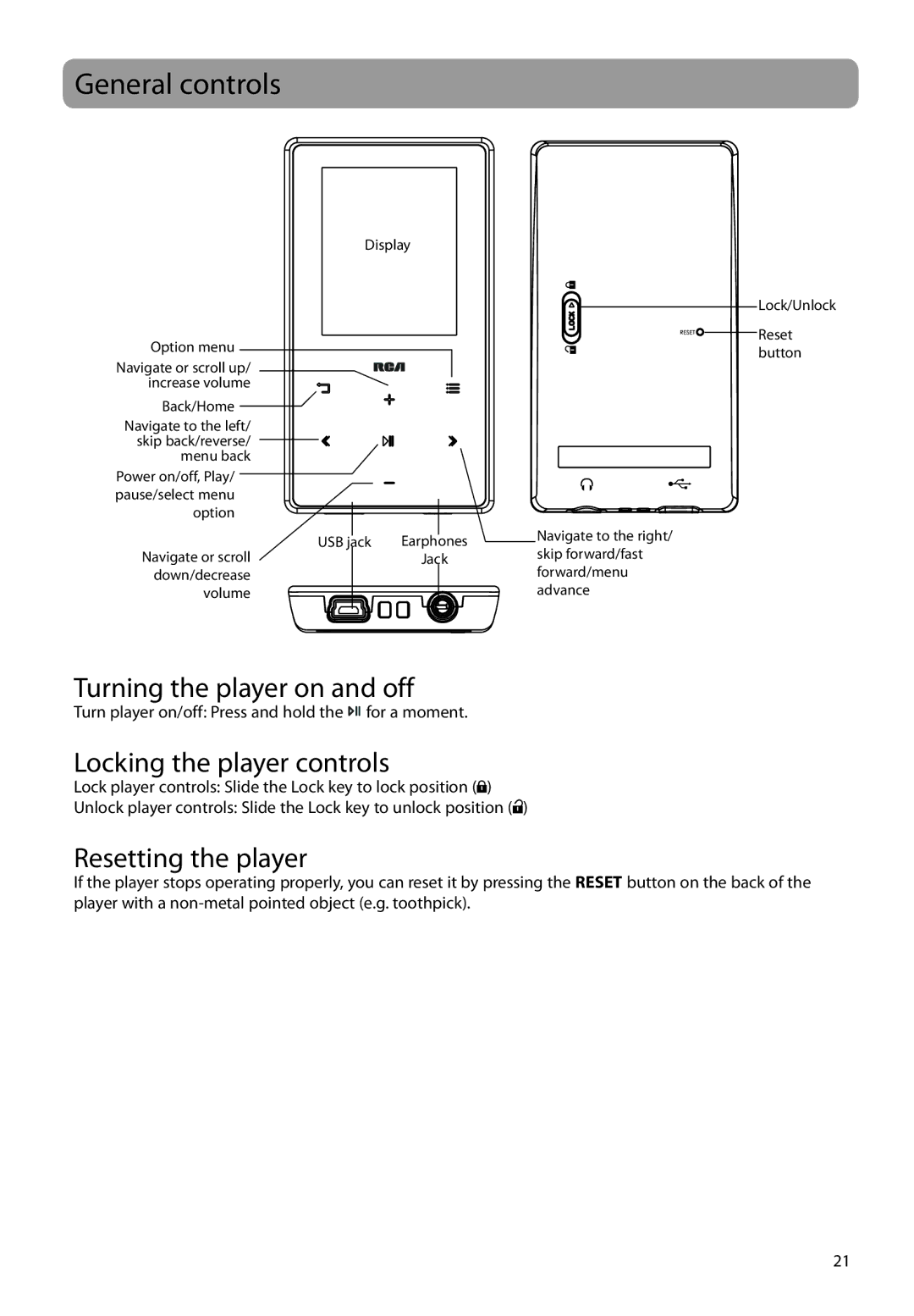 RCA M62 user manual General controls, Turning the player on and off, Locking the player controls, Resetting the player 