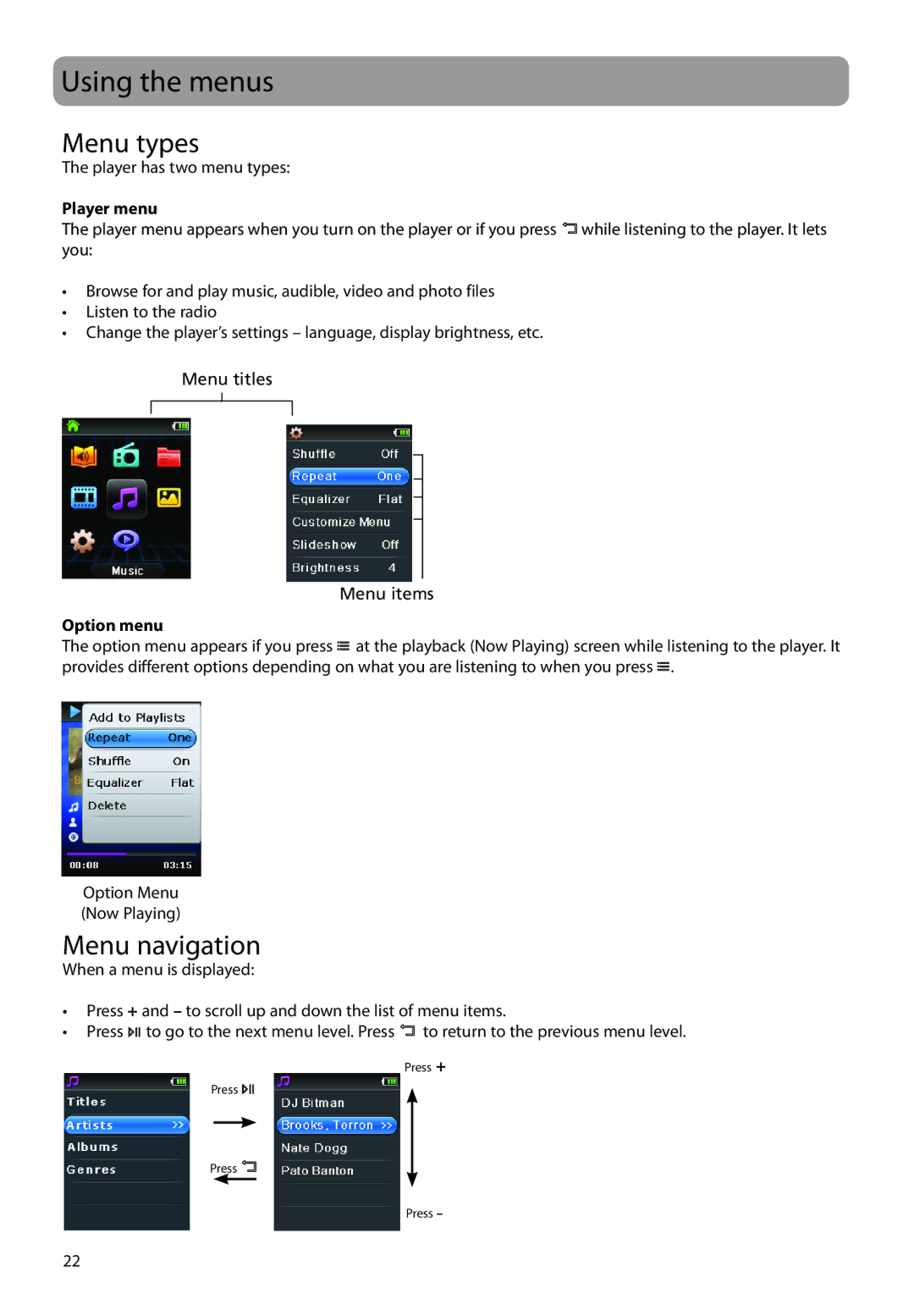 RCA M62 user manual Using the menus, Menu types, Menu navigation, Player menu, Option menu 