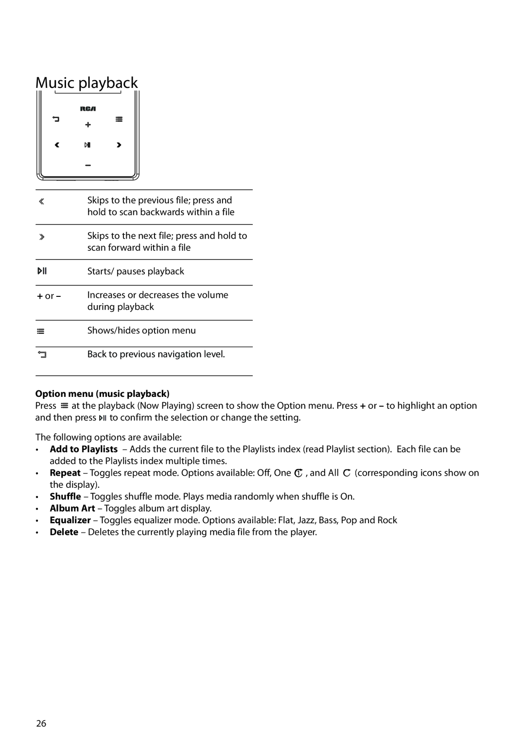 RCA M62 user manual Music playback, Option menu music playback 