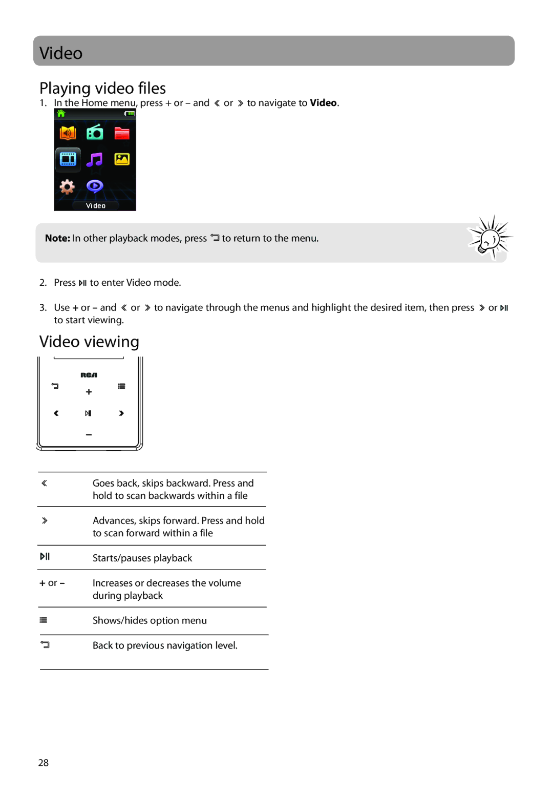 RCA M62 user manual Playing video files, Video viewing 