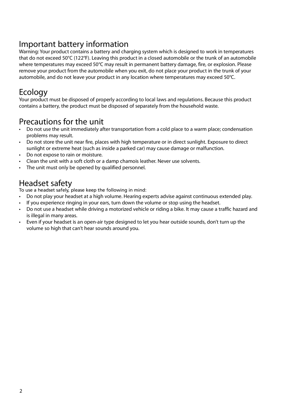 RCA M62 user manual Important battery information Ecology, Precautions for the unit, Headset safety 