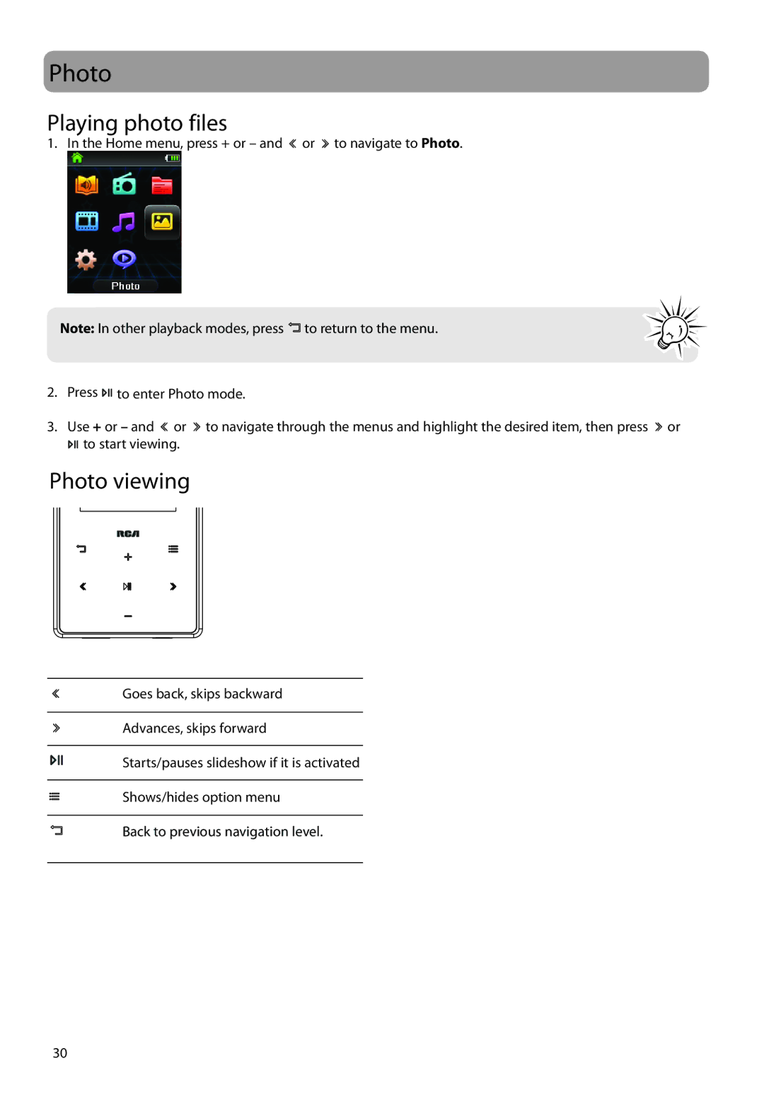 RCA M62 user manual Playing photo files, Photo viewing 