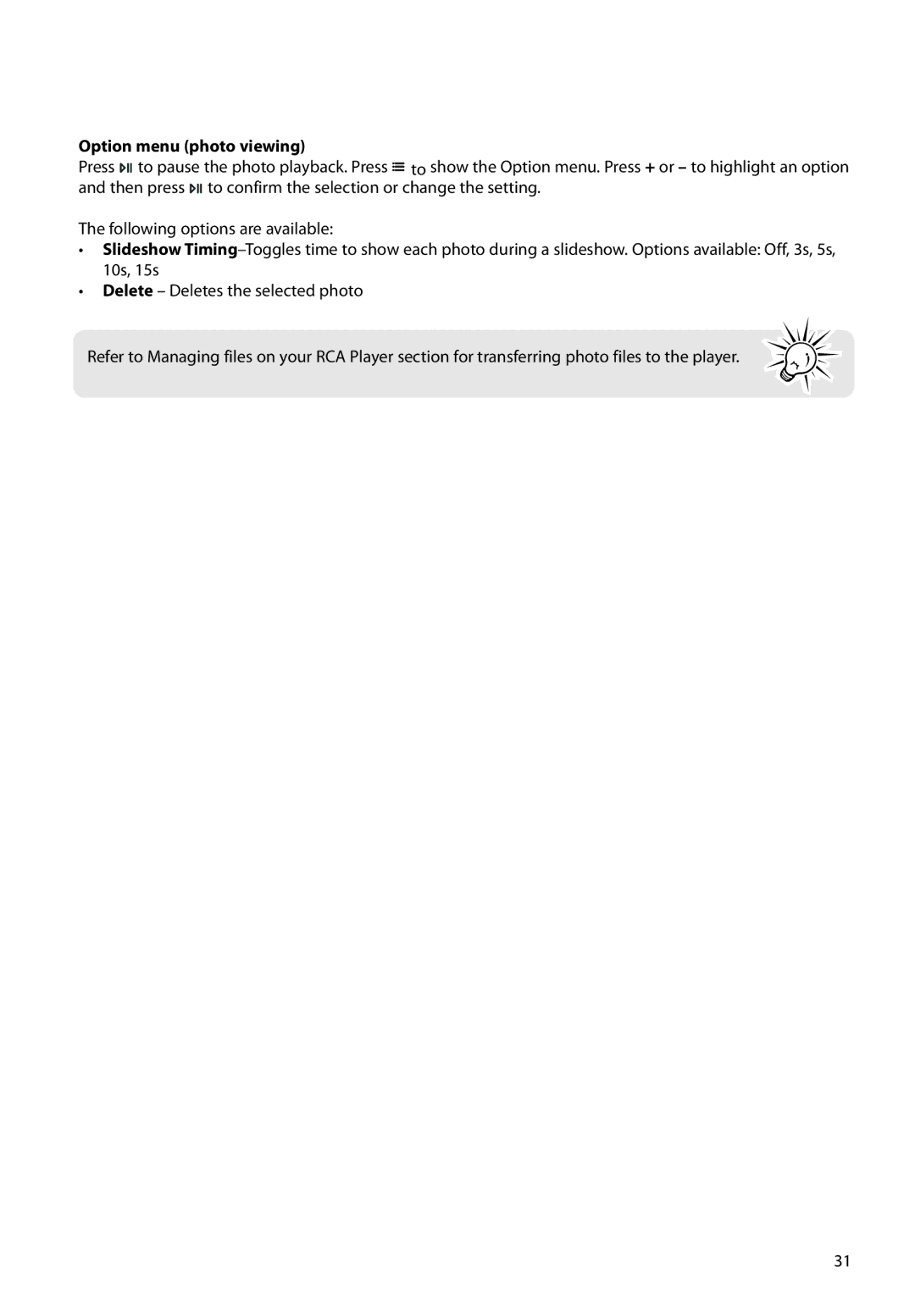 RCA M62 user manual Option menu photo viewing 