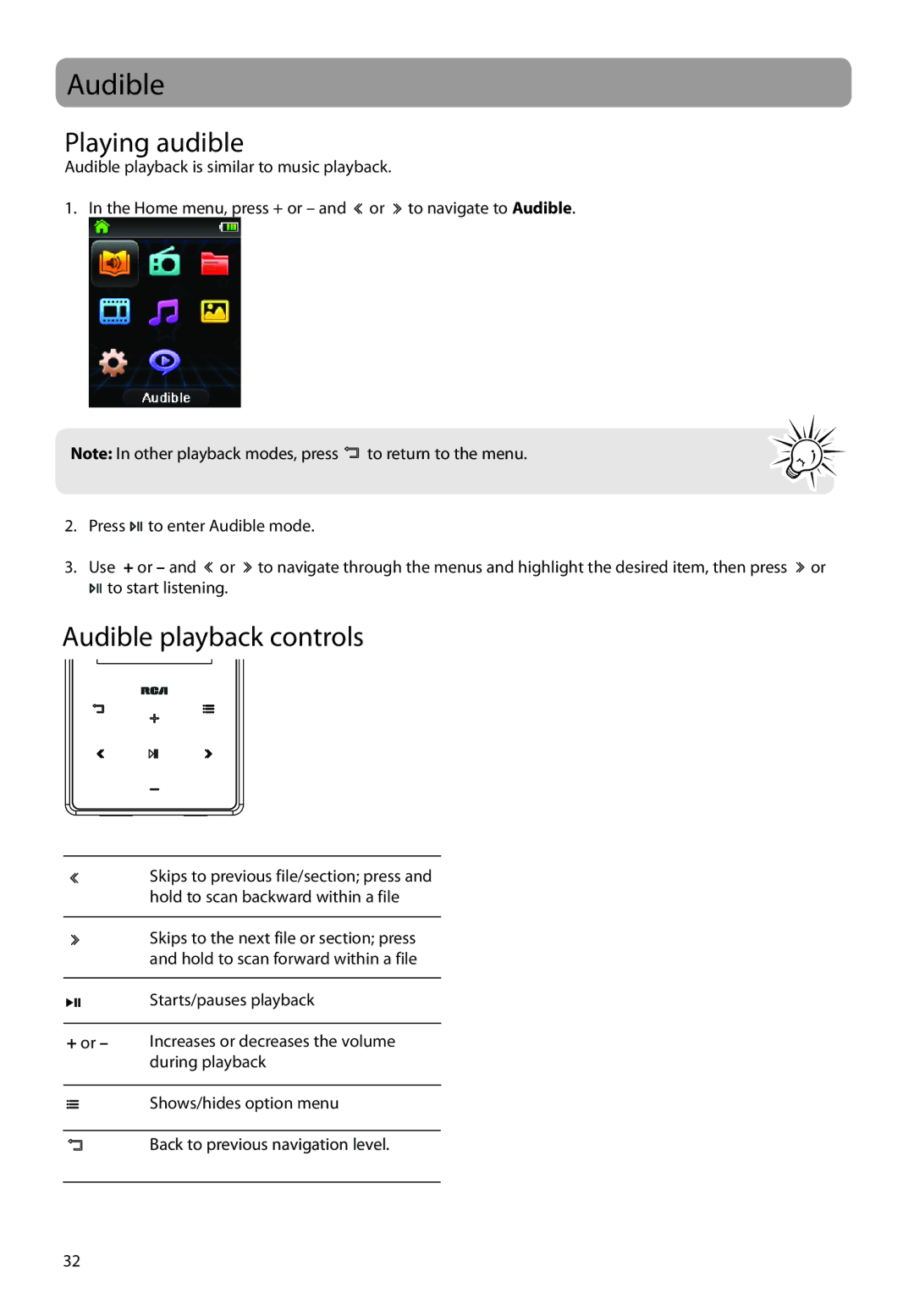 RCA M62 user manual Playing audible, Audible playback controls 