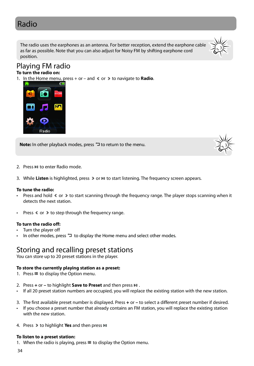 RCA M62 user manual Radio, Playing FM radio, Storing and recalling preset stations 