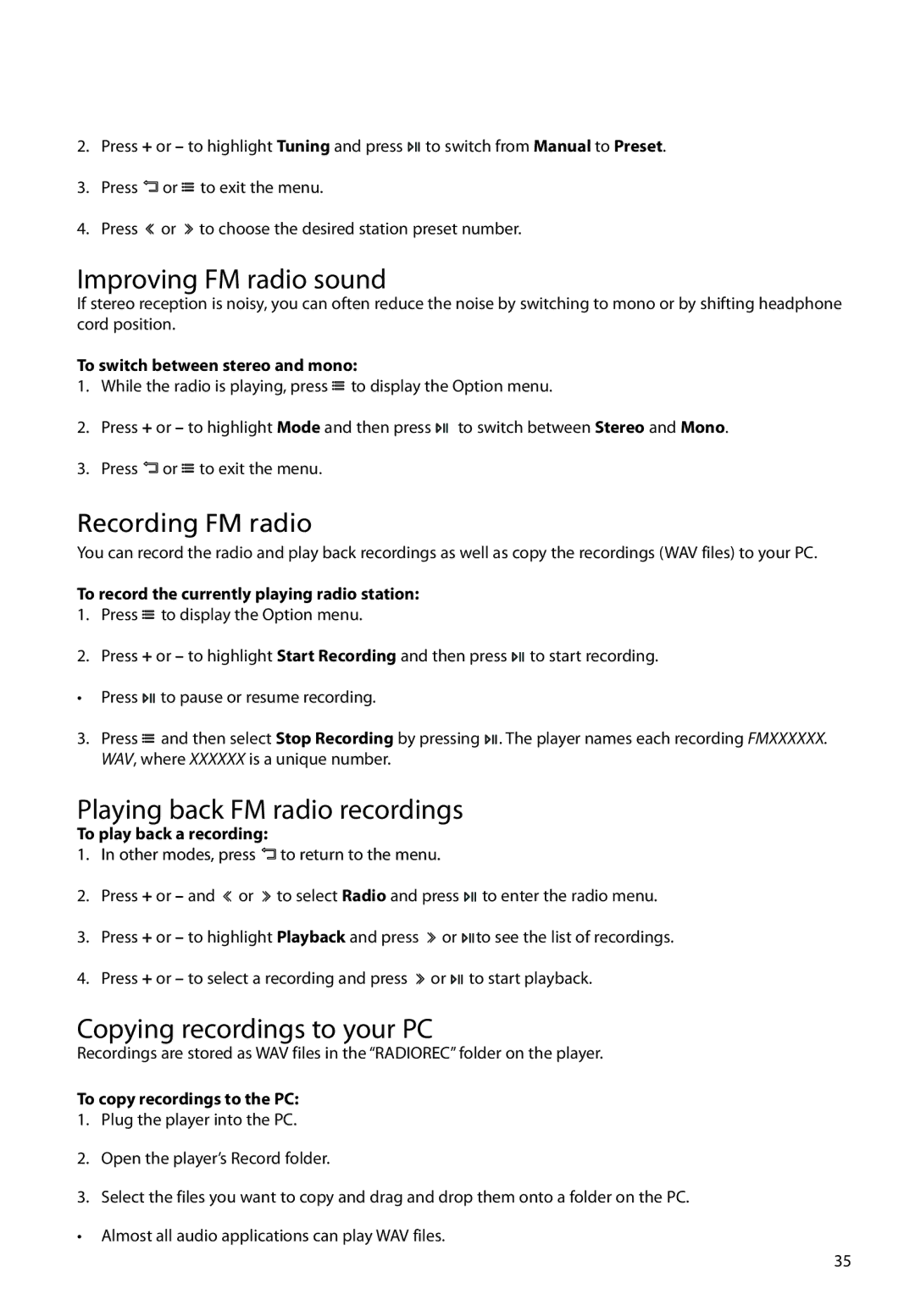 RCA M62 user manual Improving FM radio sound, Playing back FM radio recordings, Copying recordings to your PC 