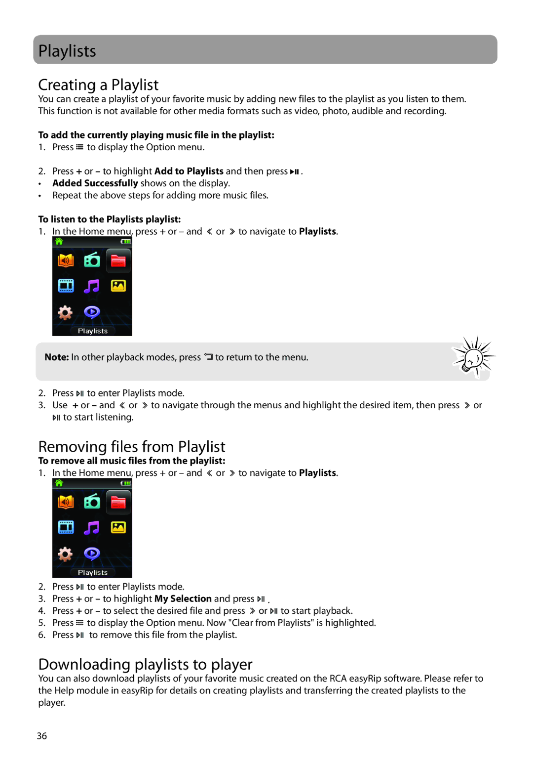 RCA M62 user manual Playlists, Creating a Playlist, Removing files from Playlist, Downloading playlists to player 